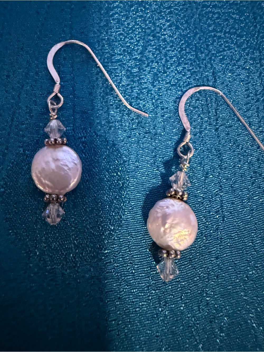 Delicate Pink Pearl Drop Earrings with Crystal Accents in sterling silver